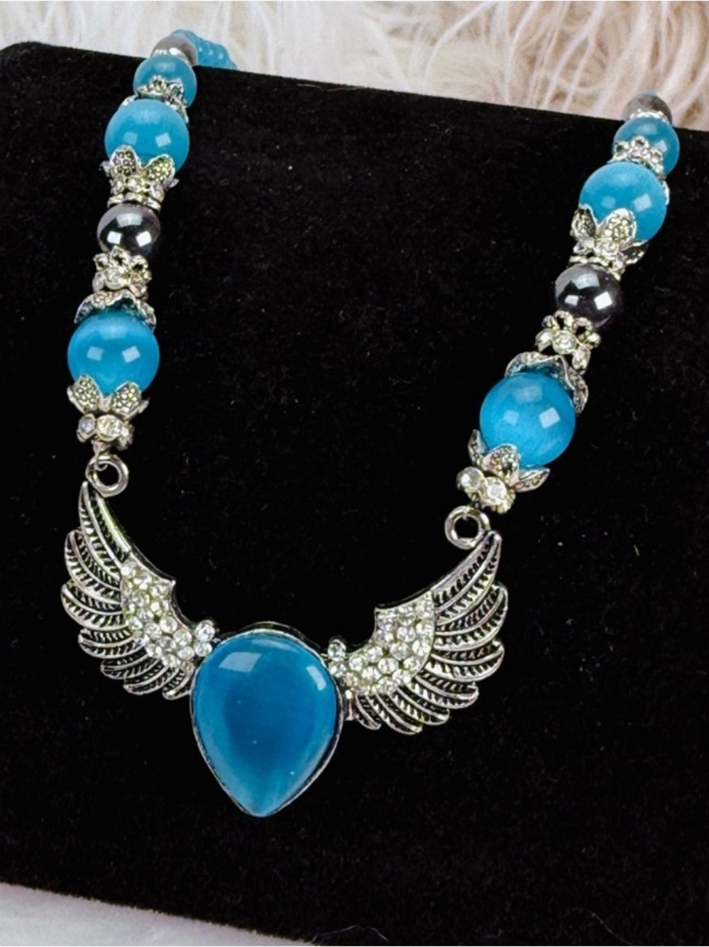 Vintage Blue, Silvertone Bling hematite Winged Necklace
